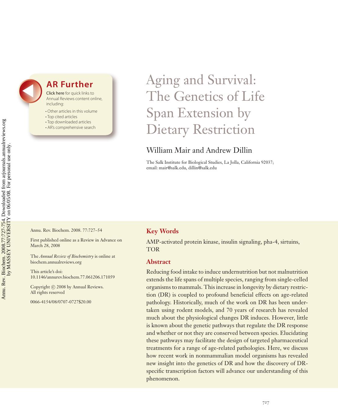 Aging and Survival: The Genetics of Life Span Extension by Dietary Restriction by William Mair & Andrew Dillin