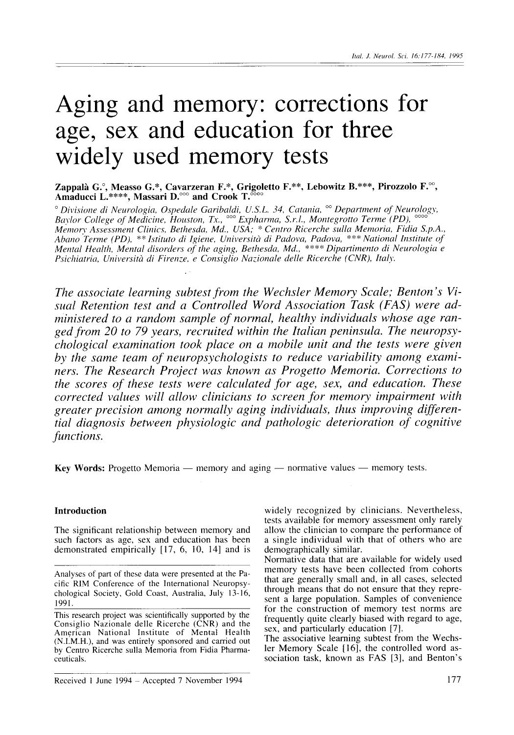Aging and memory: Corrections for age, sex and education for three widely used memory tests by Unknown