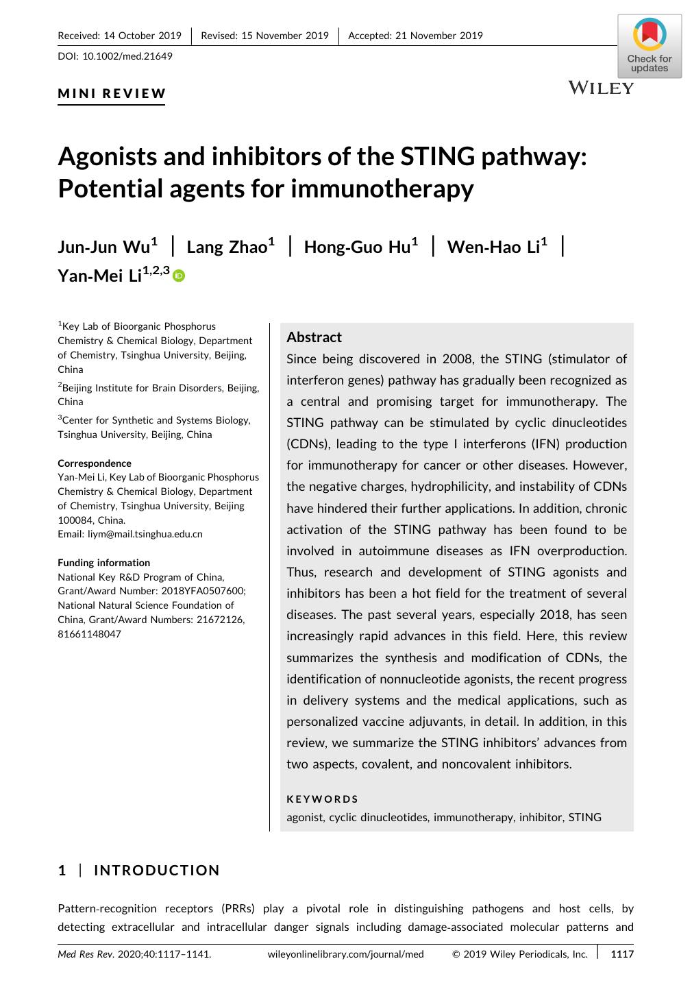 Agonists and inhibitors of the STING pathway: Potential agents for immunotherapy by Jun‐Jun Wu