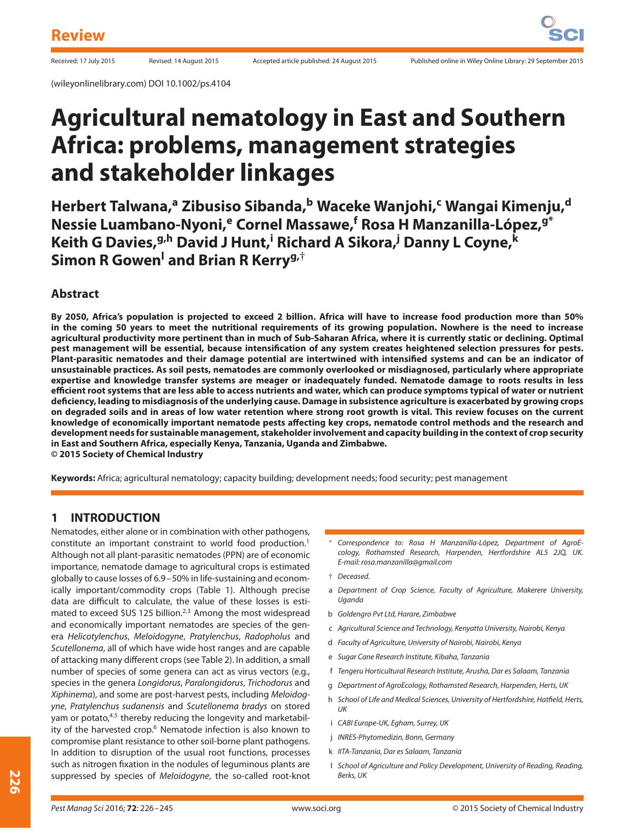 Agricultural nematology in East and Southern Africa: problems, management strategies and stakeholder linkages by Unknown
