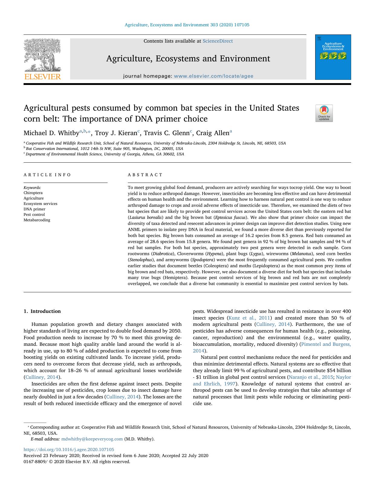 Agricultural pests consumed by common bat species in the United States corn belt_ The importance of DNA primer choice by Michael D. Whitby & Troy J. Kieran & Travis C. Glenn & Craig Allen