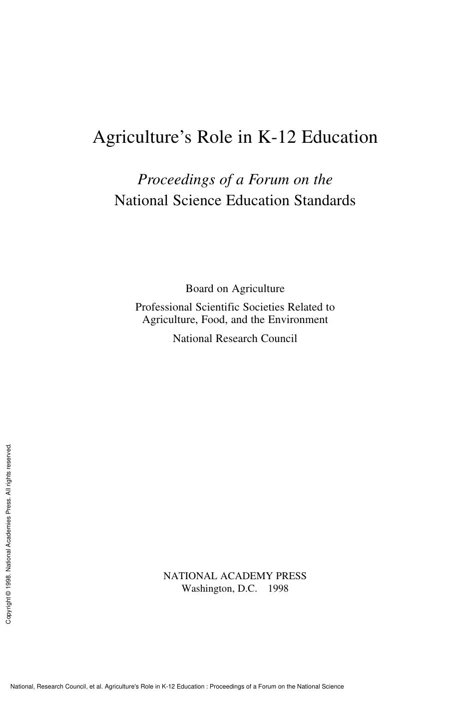 Agriculture's Role in K-12 Education : Proceedings of a Forum on the National Science Education Standards by unknow