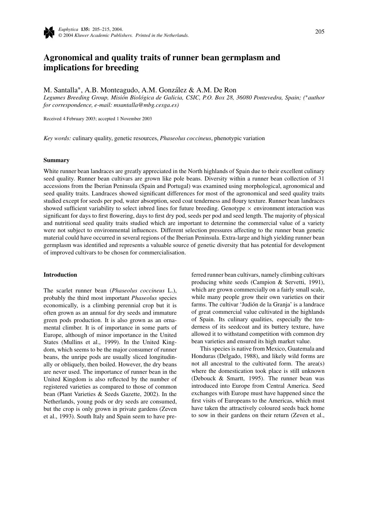 Agronomical and quality traits of runner bean germplasm and implications for breeding by Unknown
