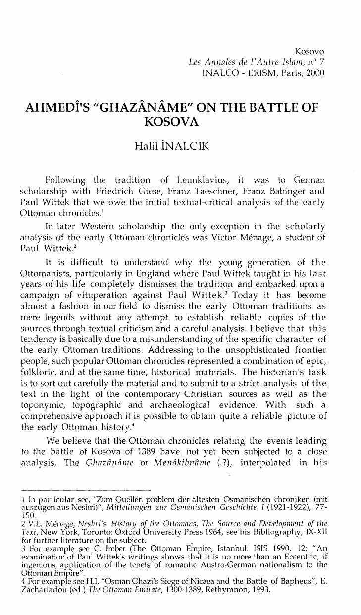 Ahmediâs Ghazaname on the Battle of Kosova by Halil İnalcık