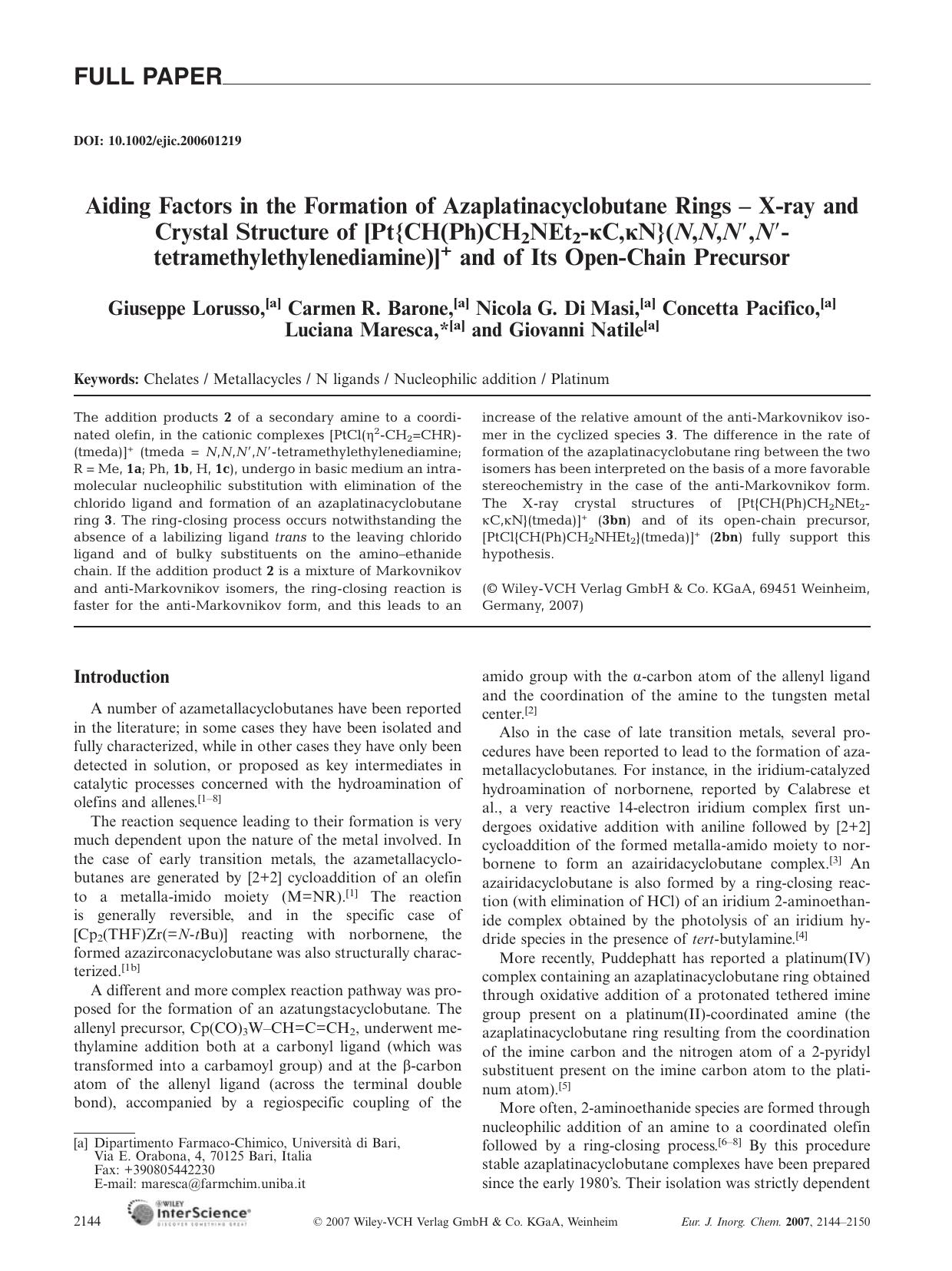Aiding Factors in the Formation of Azaplatinacyclobutane Rings - X-ray and Crystal Structure of [Pt{CH(Ph)CH2NEt2-[kappa]C,[kappa]N}(N,N,N[prime],N[prime]-tetramethylethylenediamin by Unknown