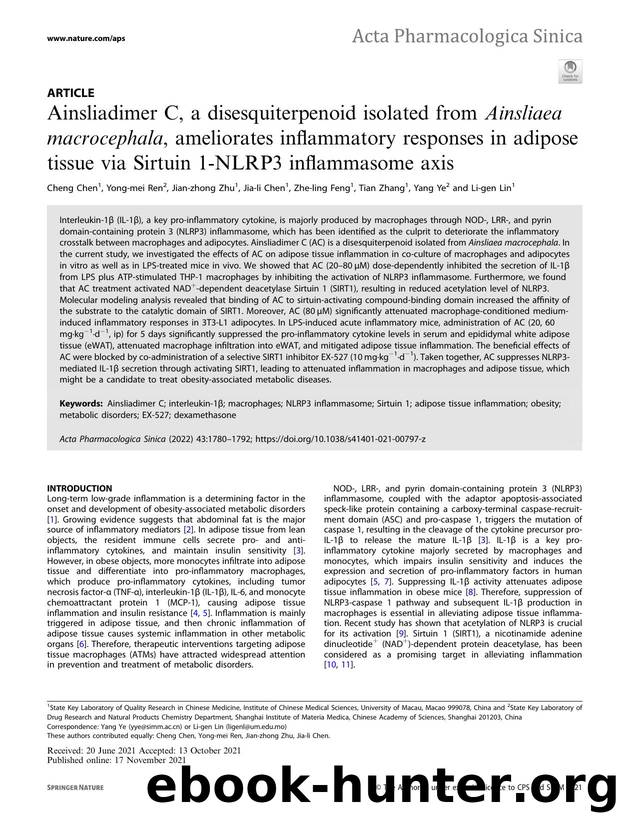 Ainsliadimer C, a disesquiterpenoid isolated from Ainsliaea macrocephala, ameliorates inflammatory responses in adipose tissue via Sirtuin 1-NLRP3 inflammasome axis by unknow