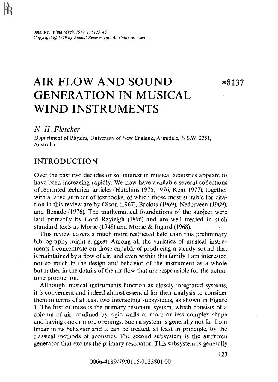 Air Flow and Sound Generation in Musical Wind Instruments by N H Fletcher