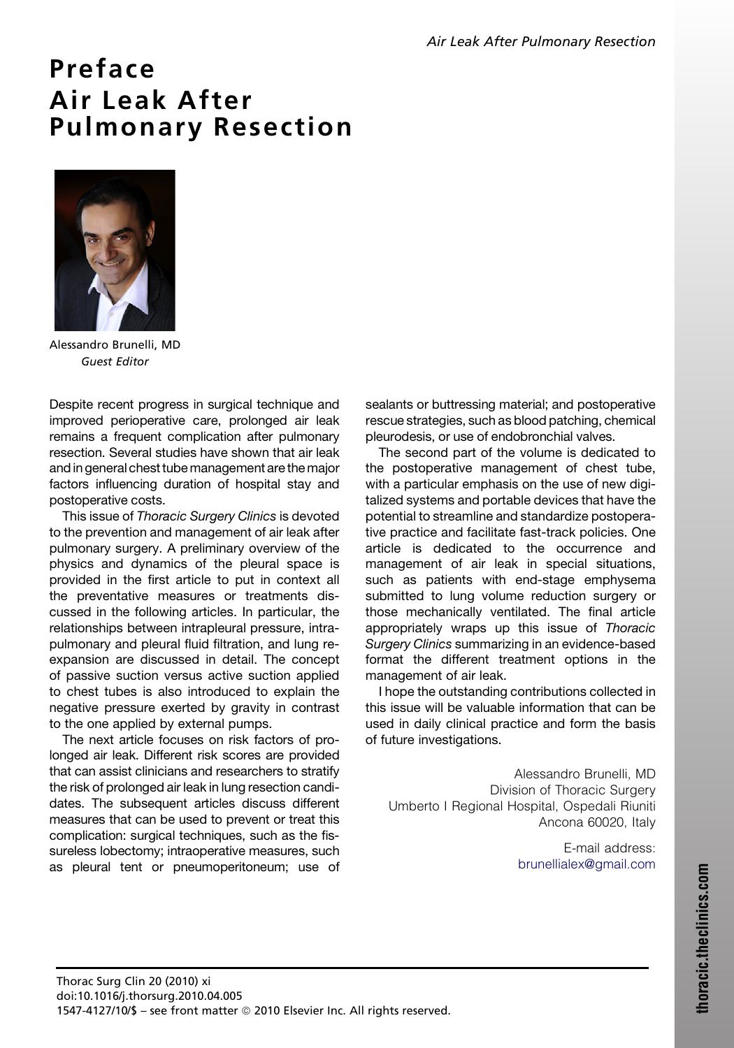 Air Leak after Pulmonary Resection (Thoracic Surgery Clinics of North America, Vol 20, Issue 3 Aug10) by Alessandro Brunelli MD