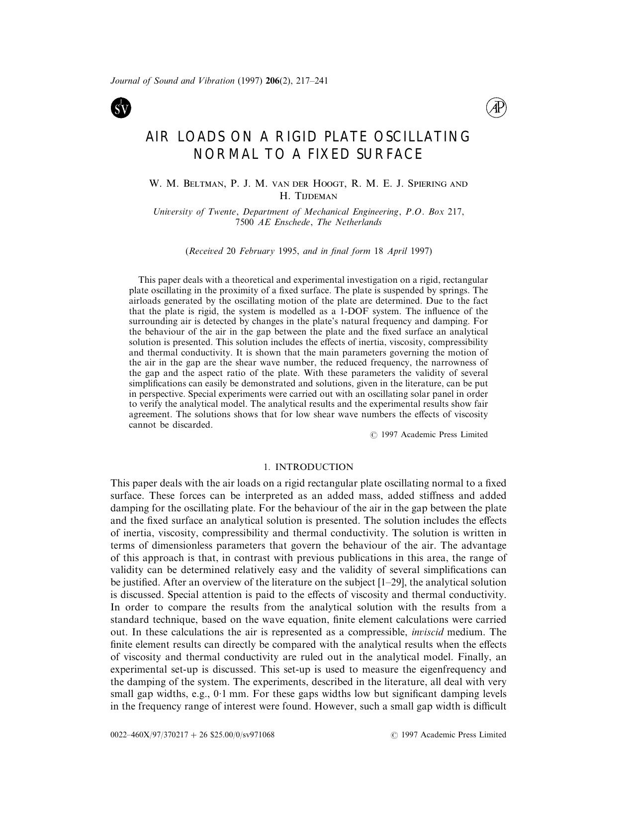 Air Loads on a Rigid Plate Oscillating Normal to a Fixed Surface by Beltman W. M. et al