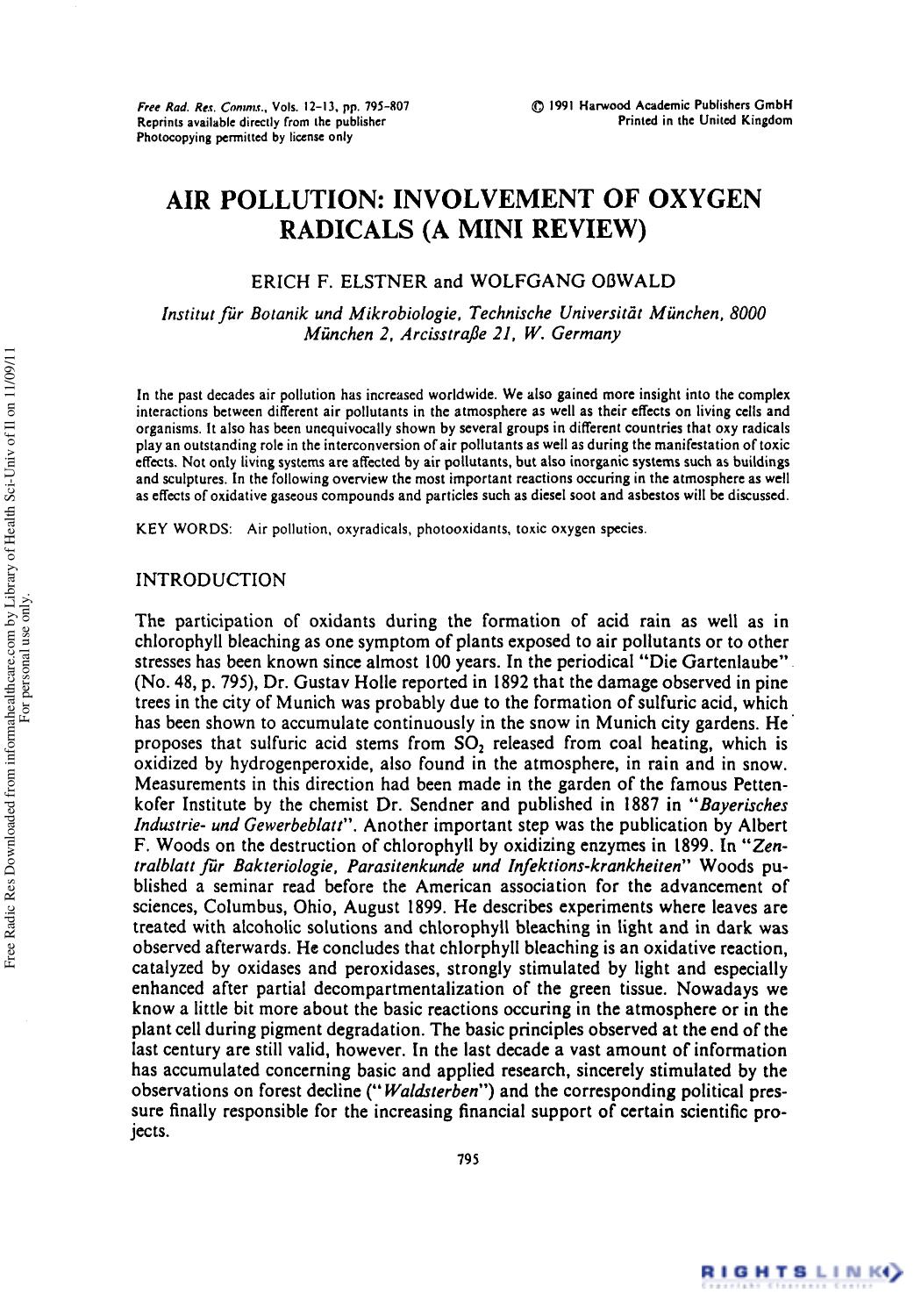 Air Pollution: Involvement of Oxygen Radicals (A Mini Review) by Erich F. Elstner1 & Wolfgang Oßwald1