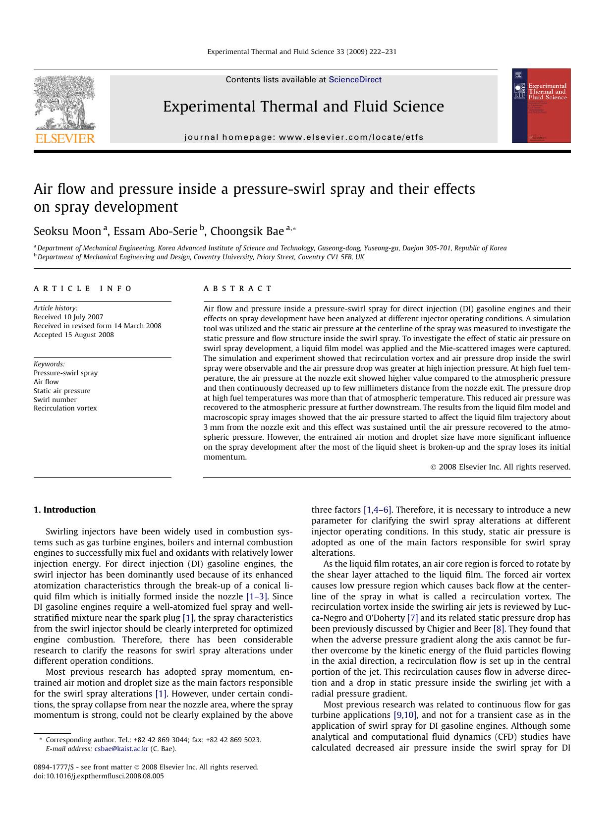 Air flow and pressure inside a pressure-swirl spray and their effects on spray development by Seoksu Moon; Essam Abo-Serie; Choongsik Bae