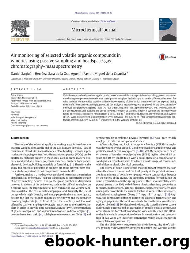 Air monitoring of selected volatile organic compounds in wineries using passive sampling and headspace-gas chromatographyâmass spectrometry by Daniel Sanjuán-Herráez & Sara de la Osa & Agustín Pastor & Miguel de la Guardia