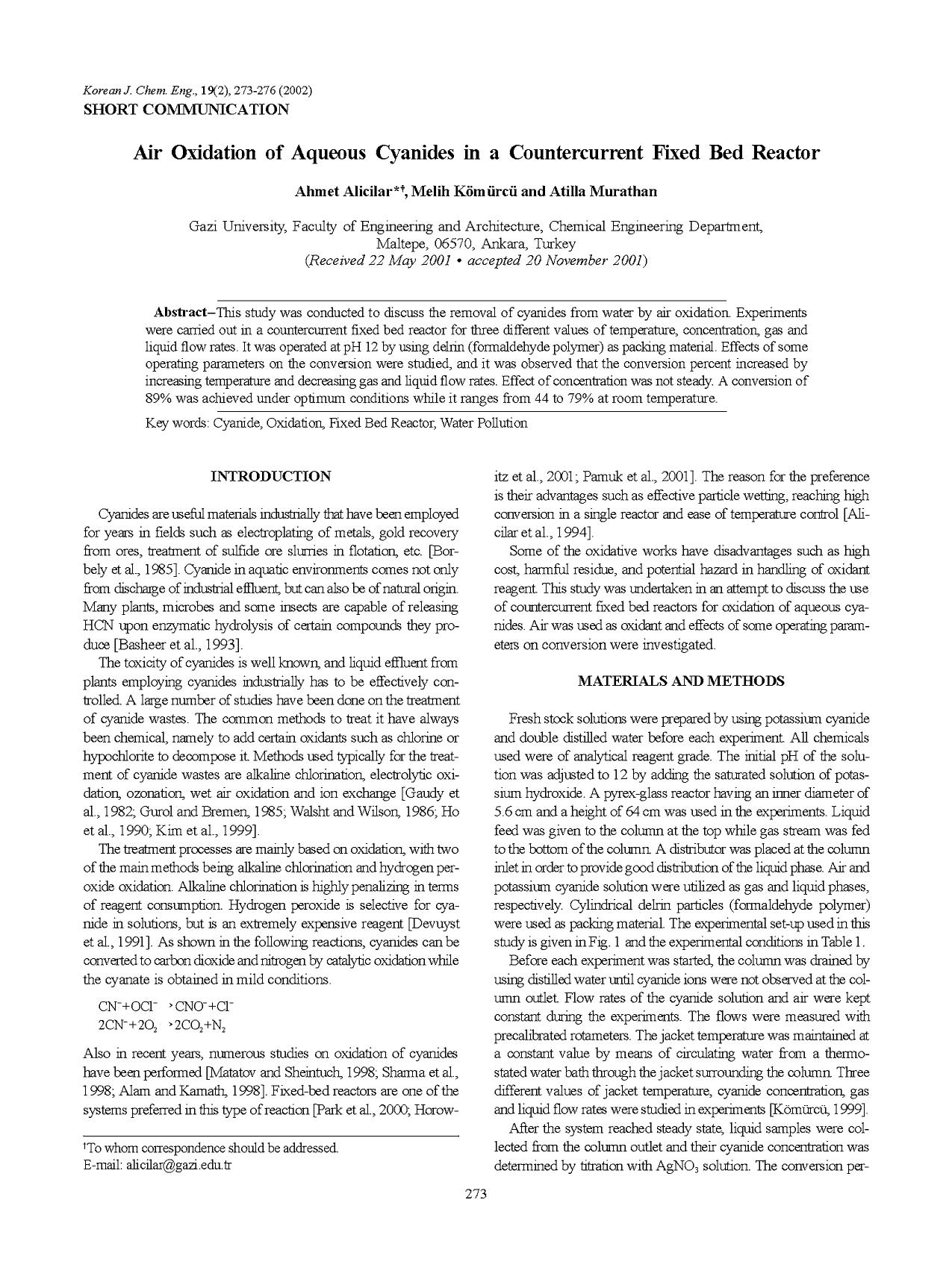 Air oxidation of aqueous cyanides in a countercurrent fixed bed reactor by Unknown