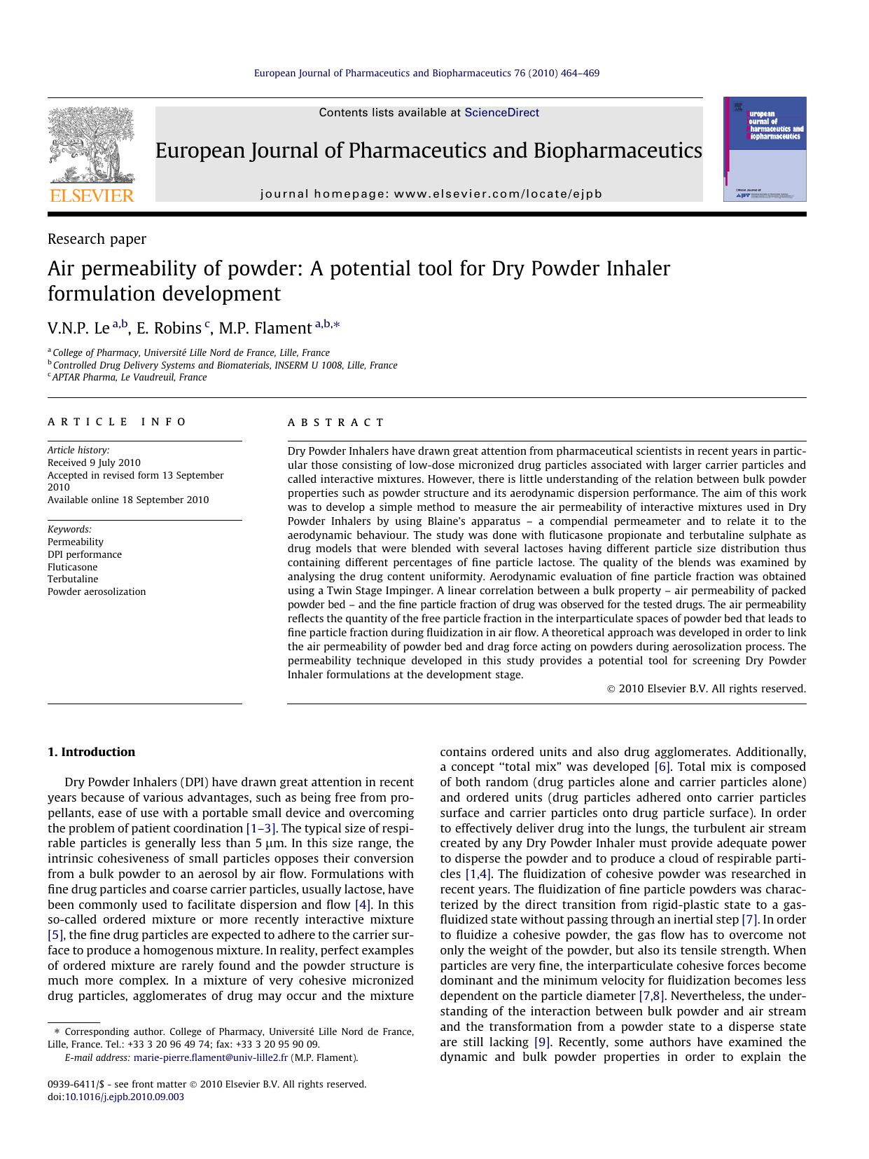 Air permeability of powder: A potential tool for Dry Powder Inhaler formulation development by V.N.P. Le & E. Robins & M.P. Flament