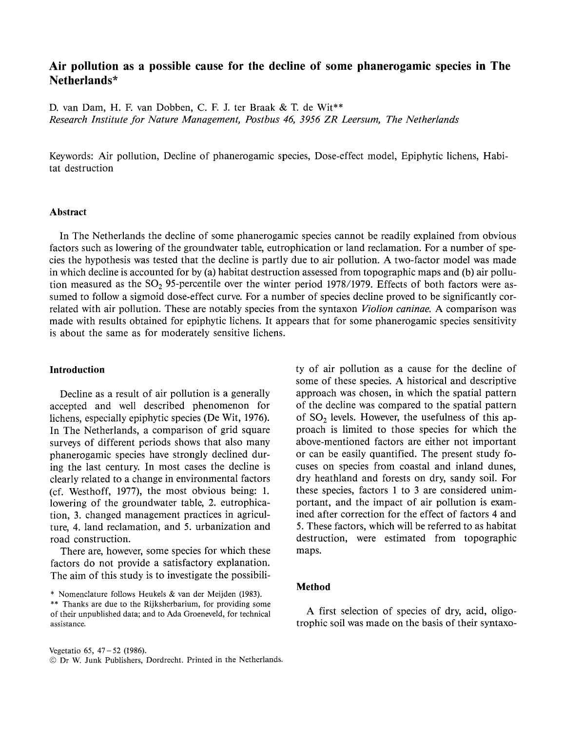 Air pollution as a possible cause for the decline of some phanerogamic species in The Netherlands by Unknown