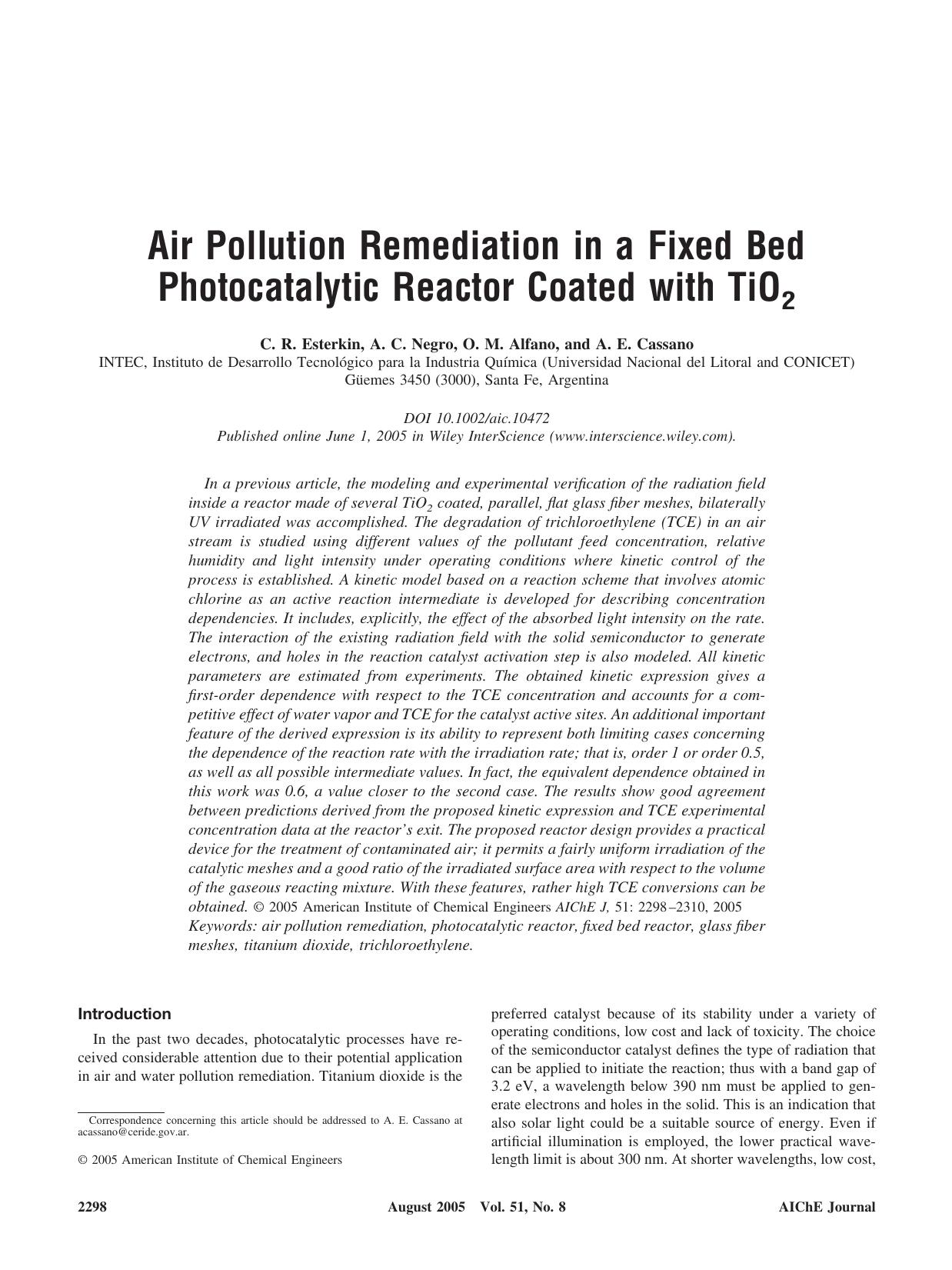 Air pollution remediation in a fixed bed photocatalytic reactor coated with TiO2 by Unknown