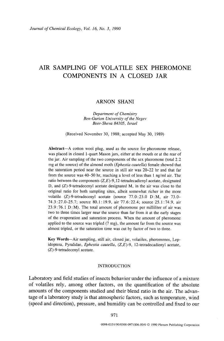 Air sampling of volatile sex pheromone components in a closed jar by Unknown