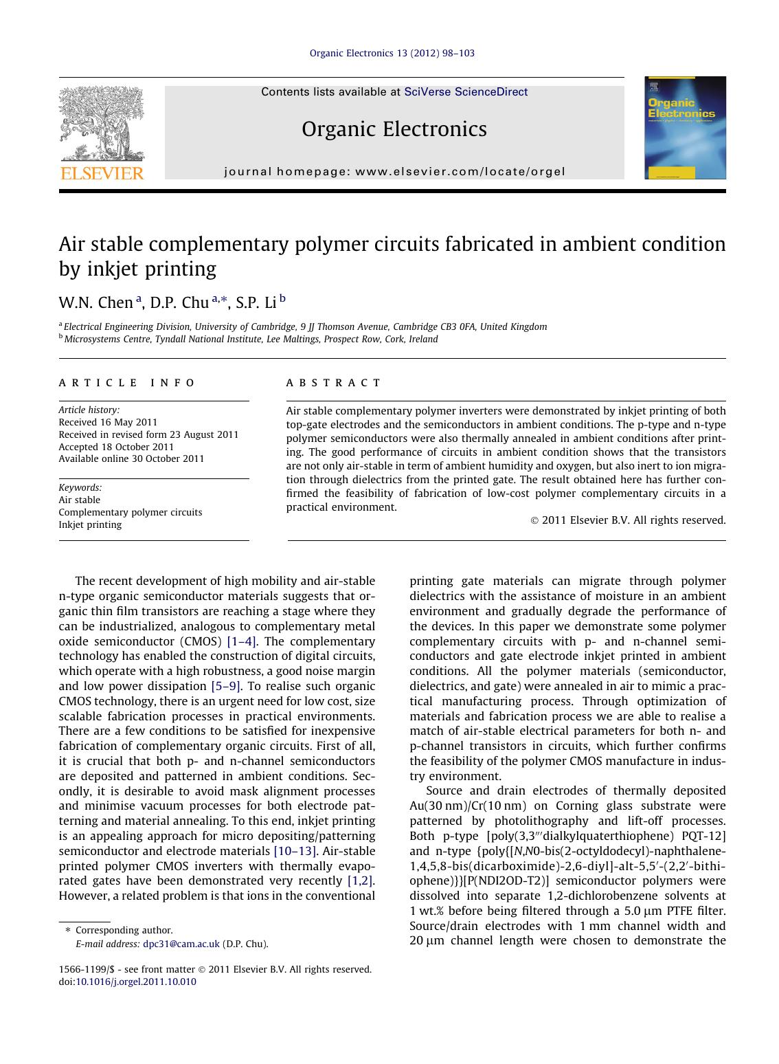 Air stable complementary polymer circuits fabricated in ambient condition by inkjet printing by W.N. Chen & D.P. Chu & S.P. Li