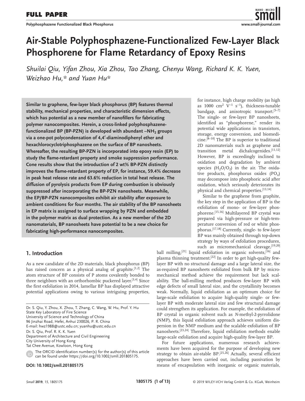 Air‐Stable Polyphosphazene‐Functionalized Few‐Layer Black Phosphorene for Flame Retardancy of Epoxy Resins by Unknown