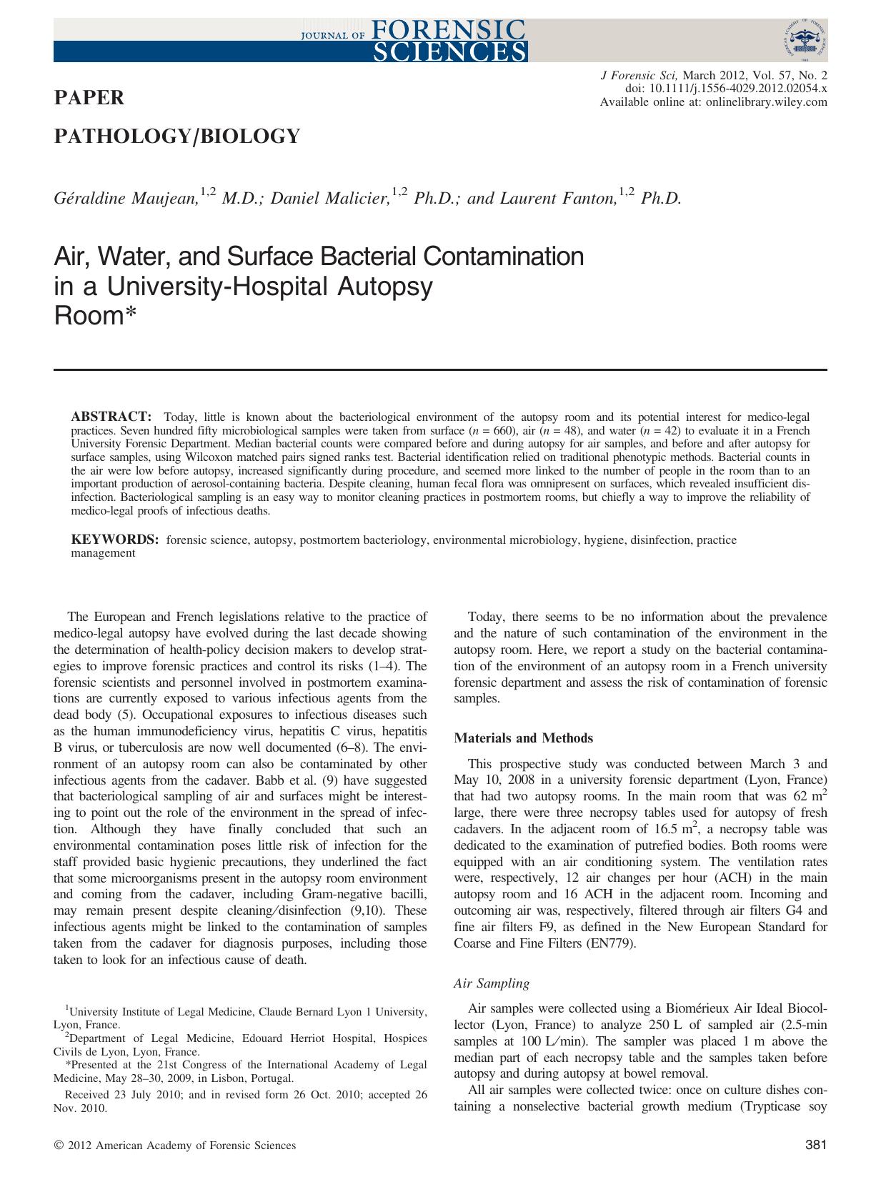 Air, Water, and Surface Bacterial Contamination in a UniversityHospital Autopsy Room by Unknown