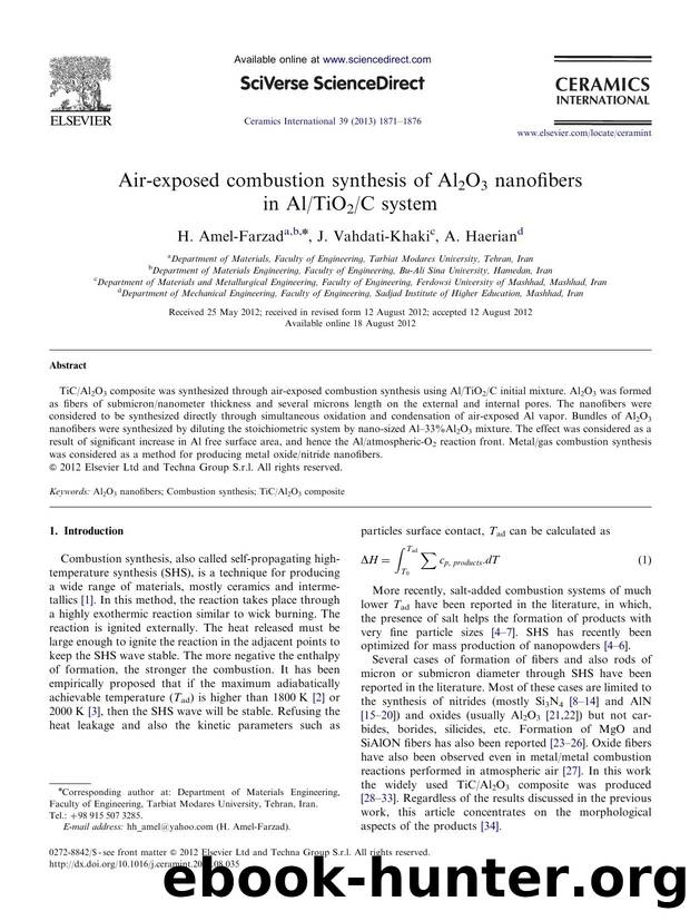 Air-exposed combustion synthesis of Al2O3 nanofibers in AlTiO2C system by H. Amel-Farzad & J. Vahdati-Khaki & A. Haerian