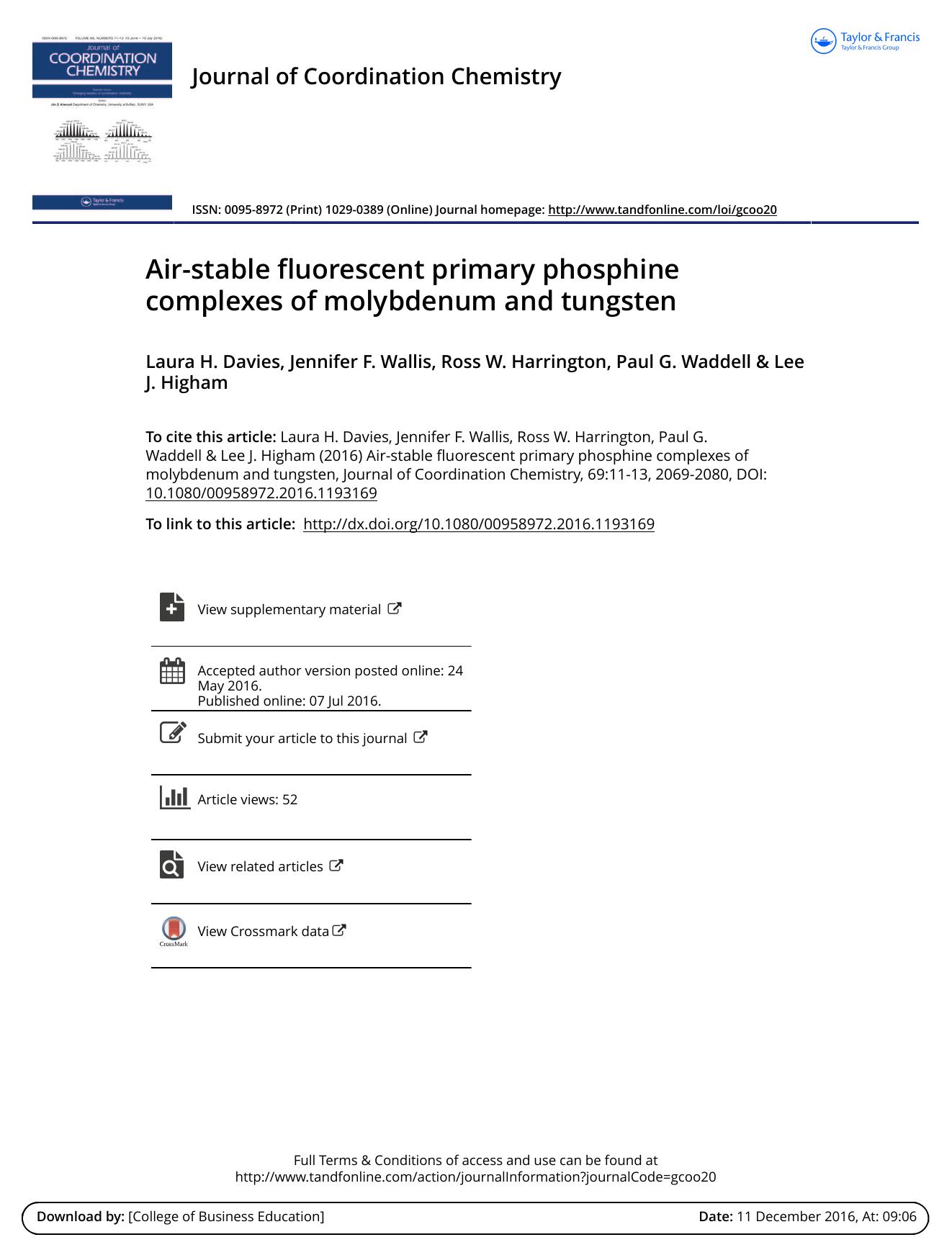 Air-stable fluorescent primary phosphine complexes of molybdenum and tungsten by Laura H. Davies & Jennifer F. Wallis & Ross W. Harrington & Paul G. Waddell & Lee J. Higham