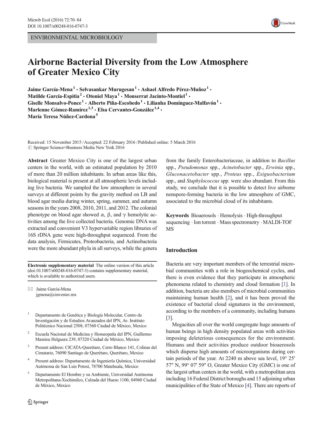 Airborne Bacterial Diversity from the Low Atmosphere of Greater Mexico City by unknow