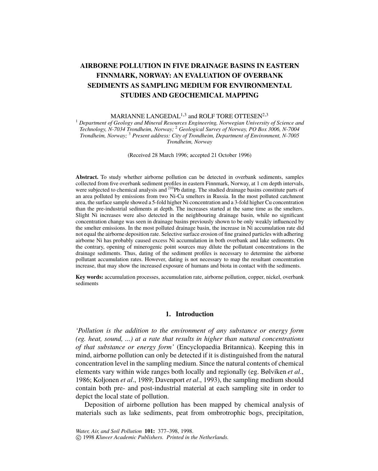 Airborne Pollution in Five Drainage Basins in Eastern Finnmark, Norway: an Evaluation of Overbank Sediments as Sampling Medium for Environmental Studies and Geochemical Mapping by Unknown