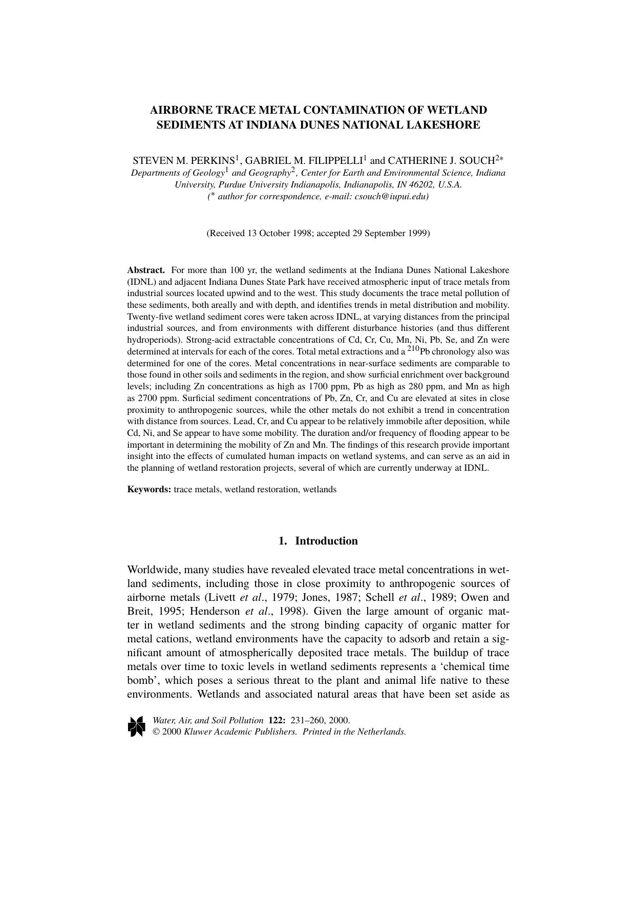 Airborne Trace Metal Contamination of Wetland Sediments at Indiana Dunes National Lakeshore by Unknown