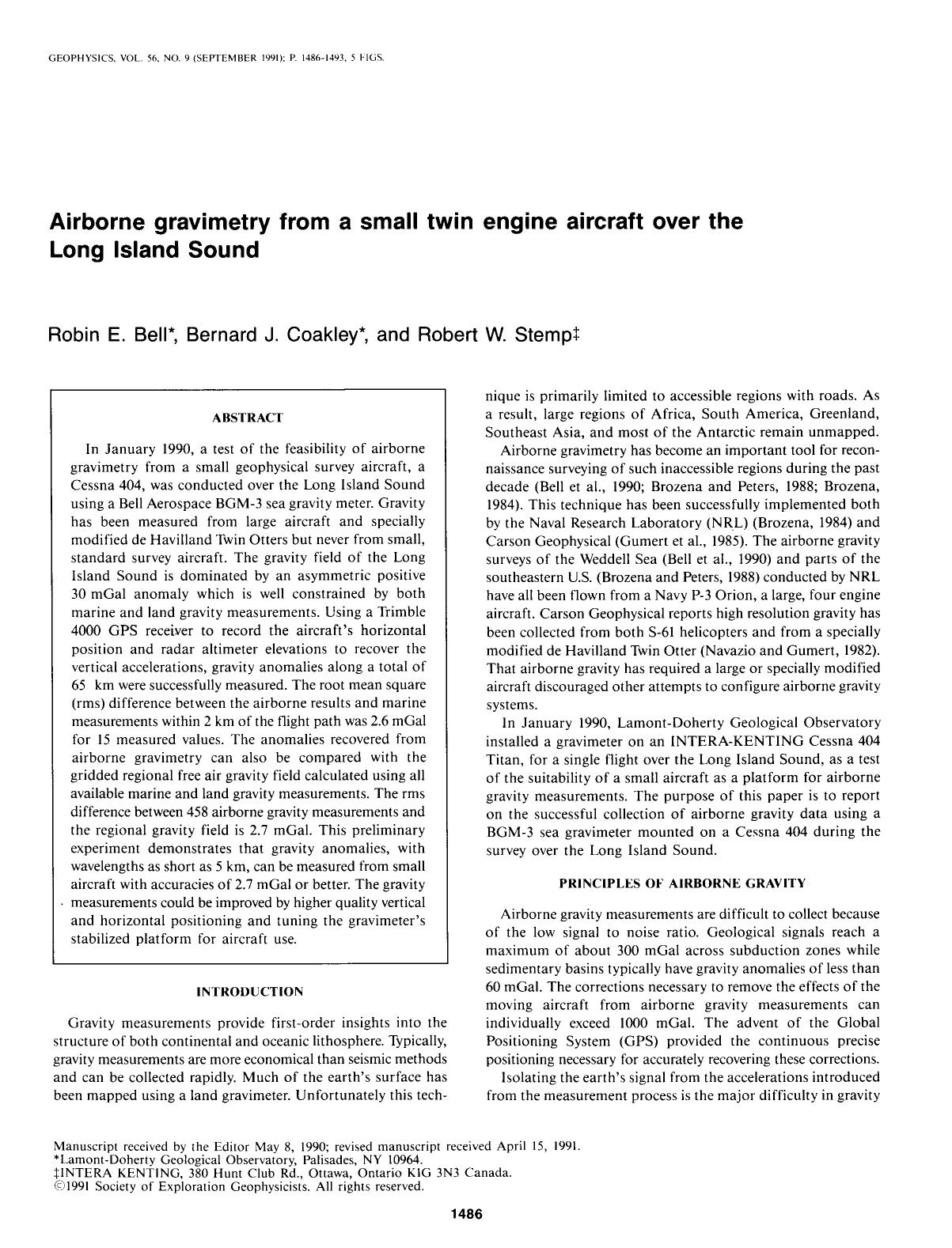 Airborne gravimetry from a small twin engine aircraft over the Long Island Sound by Bell R. E.; Coakley B. J.; Stemp R. W