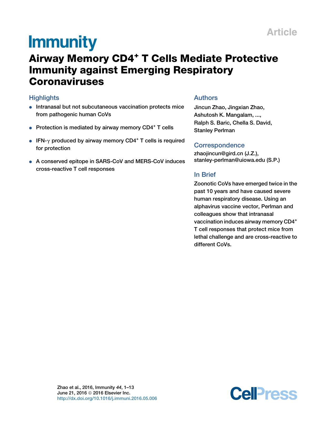 Airway Memory CD4+ T Cells Mediate Protective Immunity against Emerging Respiratory Coronaviruses by unknow