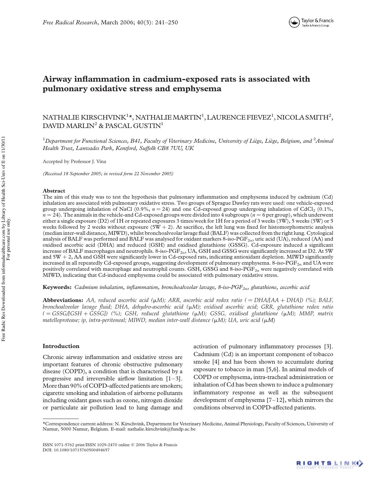 Airway inflammation in cadmium-exposed rats is associated with pulmonary oxidative stress and emphysema by unknow