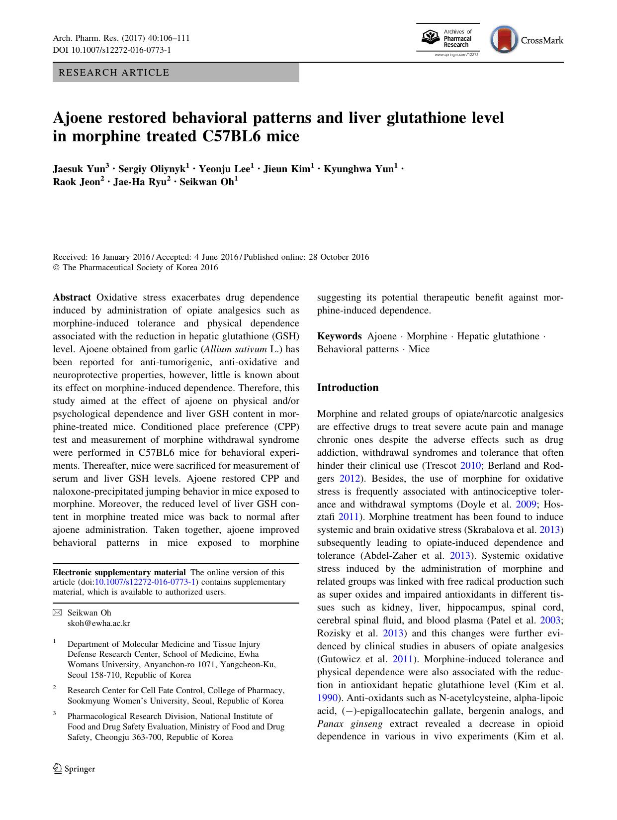 Ajoene restored behavioral patterns and liver glutathione level in morphine treated C57BL6 mice by unknow