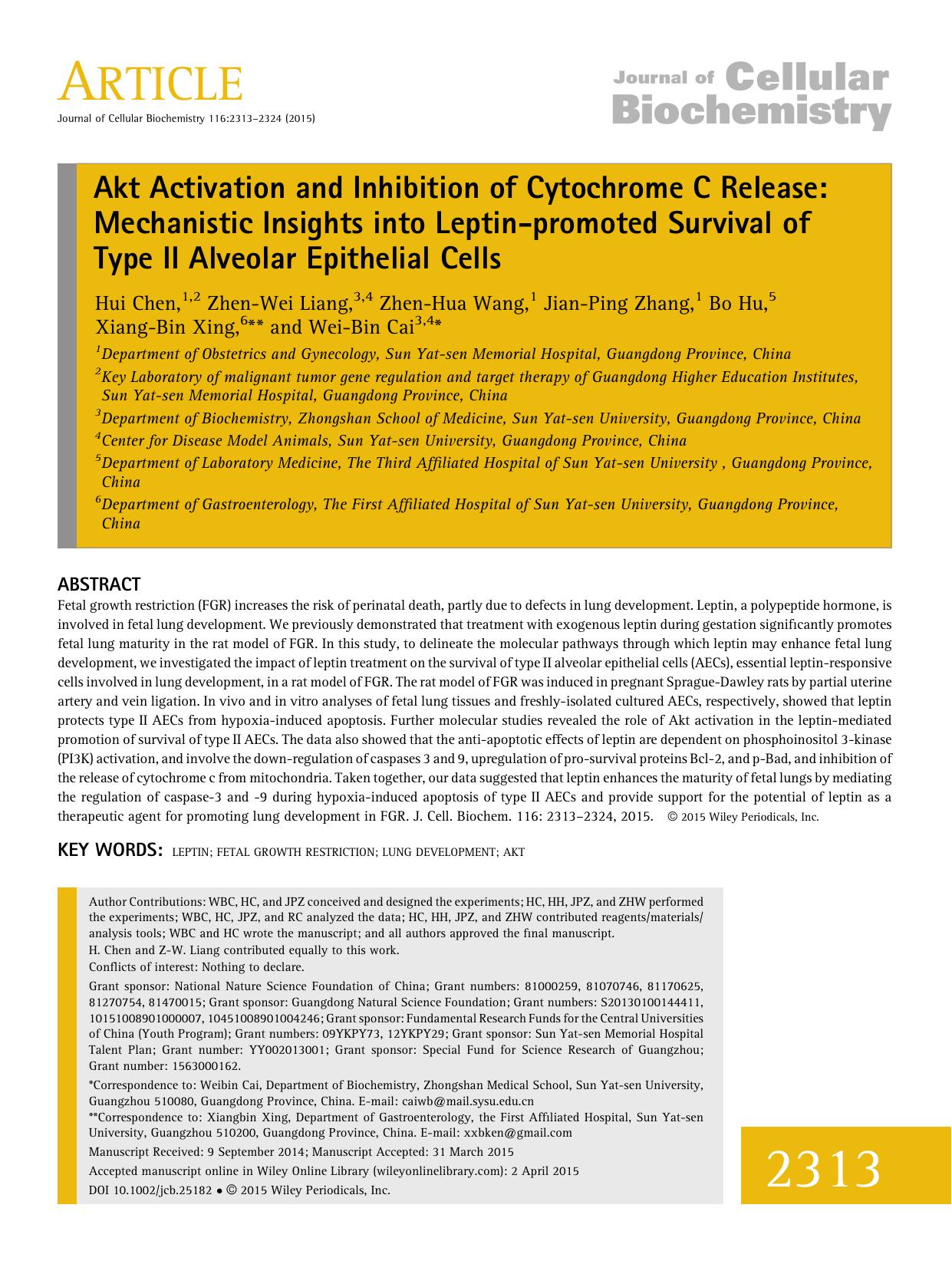 Akt Activation and Inhibition of Cytochrome C Release: Mechanistic Insights into Leptin-promoted Survival of Type II Alveolar Epithelial Cells by Unknown