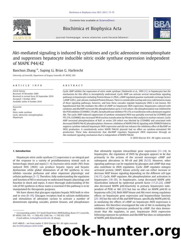 Akt-mediated signaling is induced by cytokines and cyclic adenosine monophosphate and suppresses hepatocyte inducible nitric oxide synthase expression independent of MAPK P4442 by Baochun Zhang