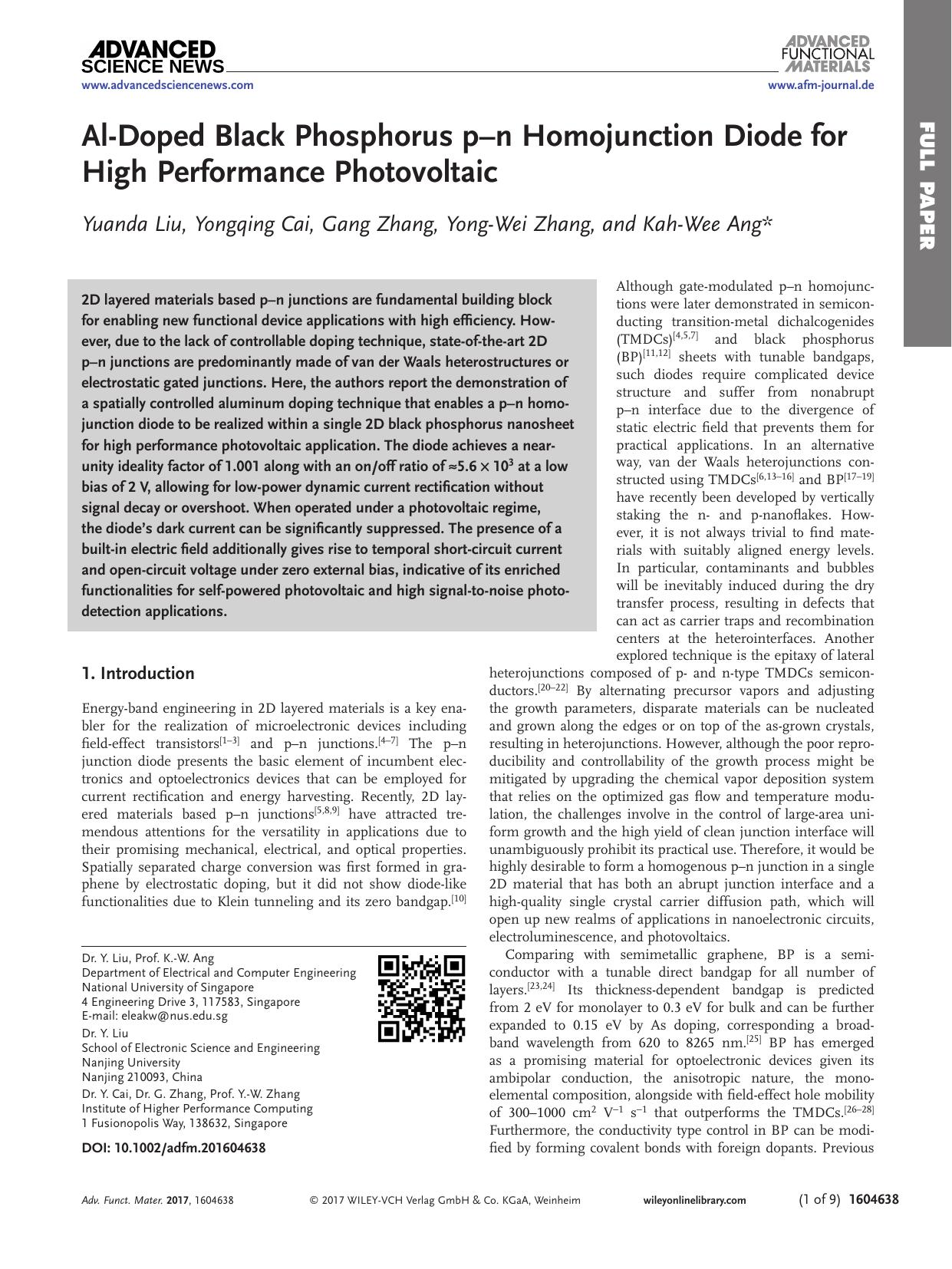 Al‐Doped Black Phosphorus p–n Homojunction Diode for High Performance Photovoltaic by Unknown