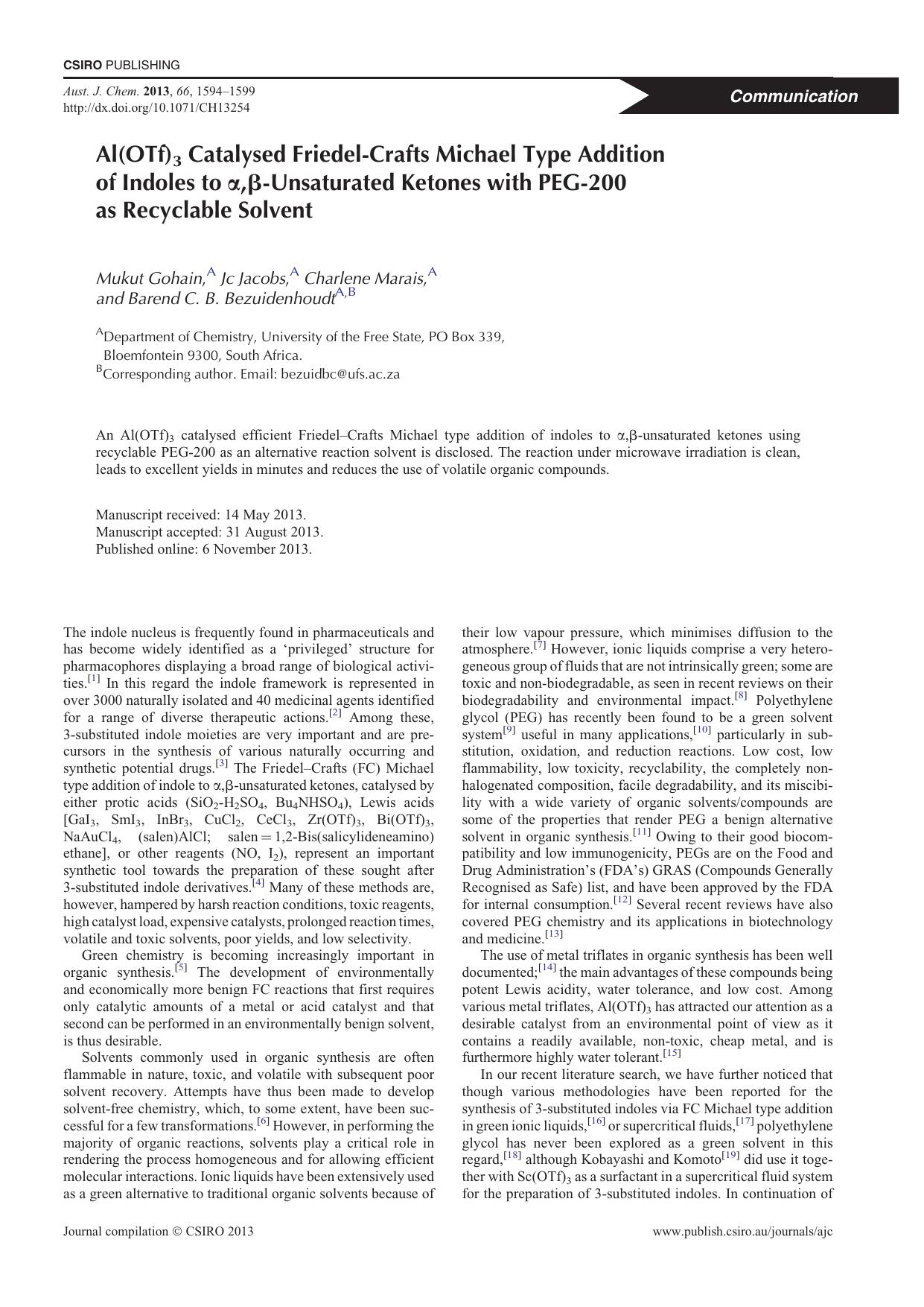 Al(OTf)3 Catalysed Friedel-Crafts Michael Type Addition of Indoles to alpha,beta-Unsaturated Ketones with PEG-200 as Recyclable Solvent by M. Gohain et al