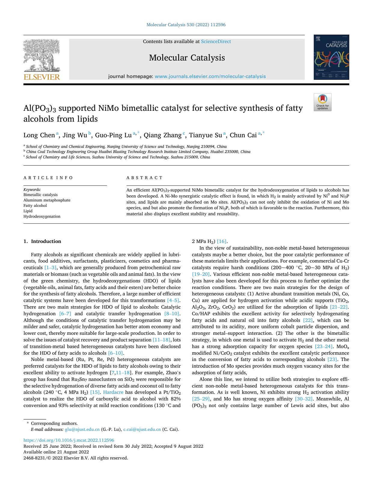 Al(PO3)3 supported NiMo bimetallic catalyst for selective synthesis of fatty alcohols from lipids by Long Chen & Jing Wu & Guo-Ping Lu & Qiang Zhang & Tianyue Su & Chun Cai