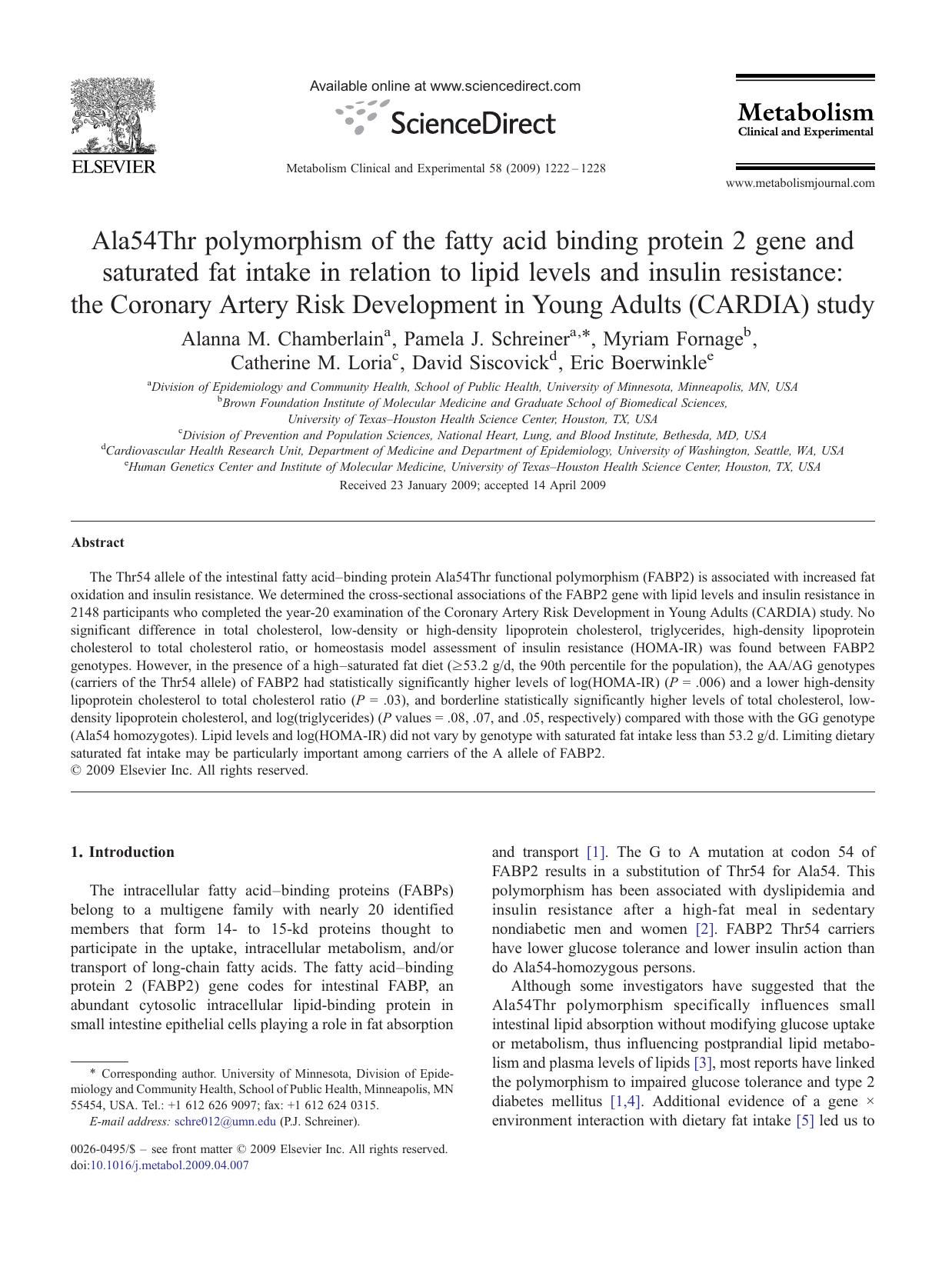Ala54Thr polymorphism of the fatty acid binding protein 2 gene and saturated fat intake in relation to lipid levels and insulin resistance: the Coronary Artery Risk Development in by unknow