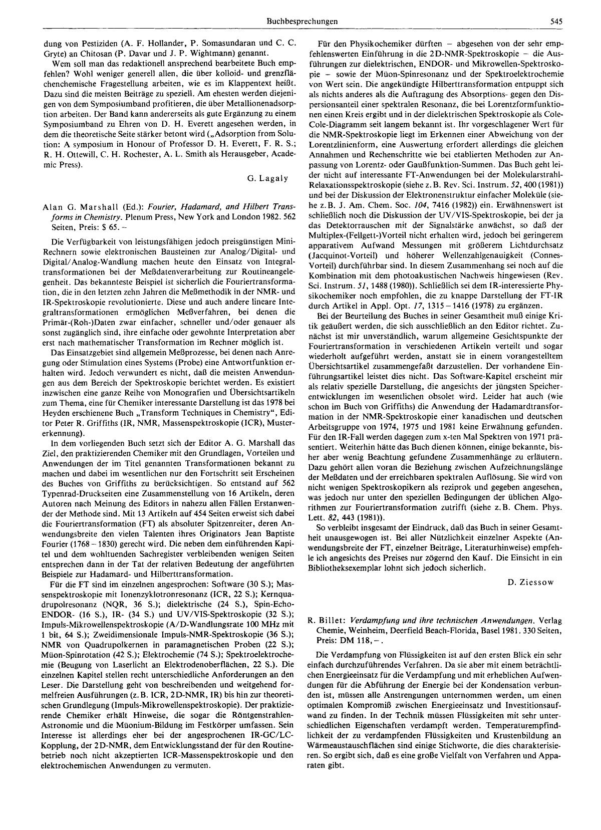 Alan G. Marshall (Ed.): Fourier, Hadamard, and Hilbert Transforms in Chemistry. Plenum Press, New York and London 1982. 562 Seiten, Preis: [dollar] 65.- by Unknown