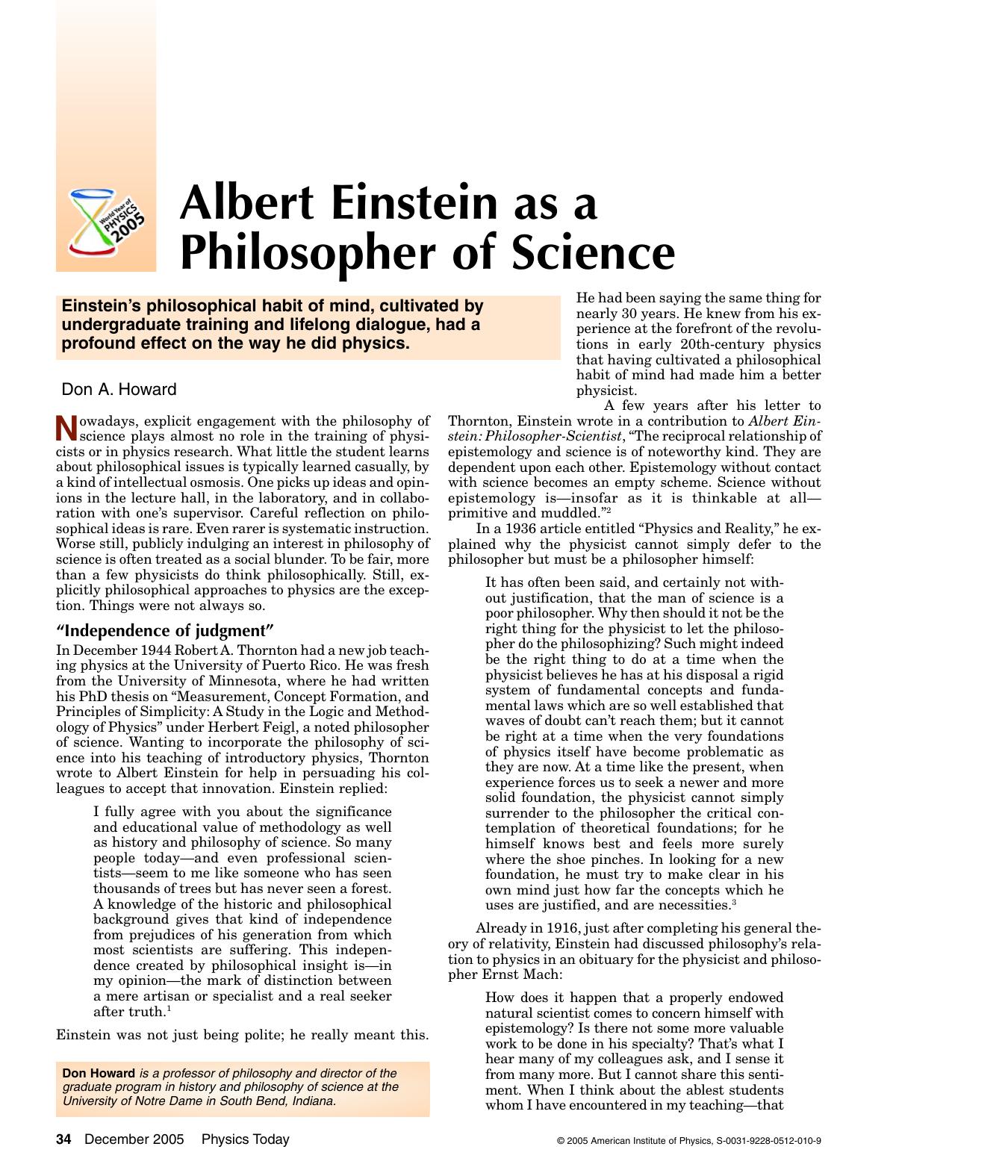 Albert Einstein as a Philosopher of Science by Don A. Howard