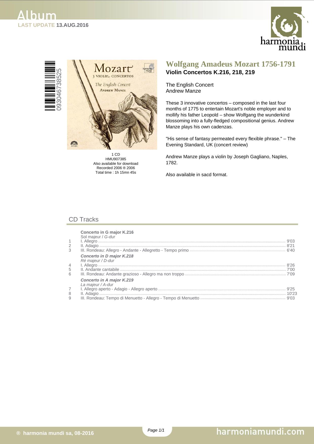 Album by Mozart 3 Violin Concertos; The English Concert {Harmonia Mundi}