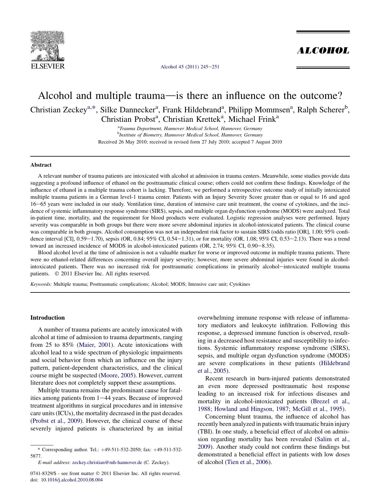 Alcohol and multiple trauma-is there an influence on the outcome? by unknow