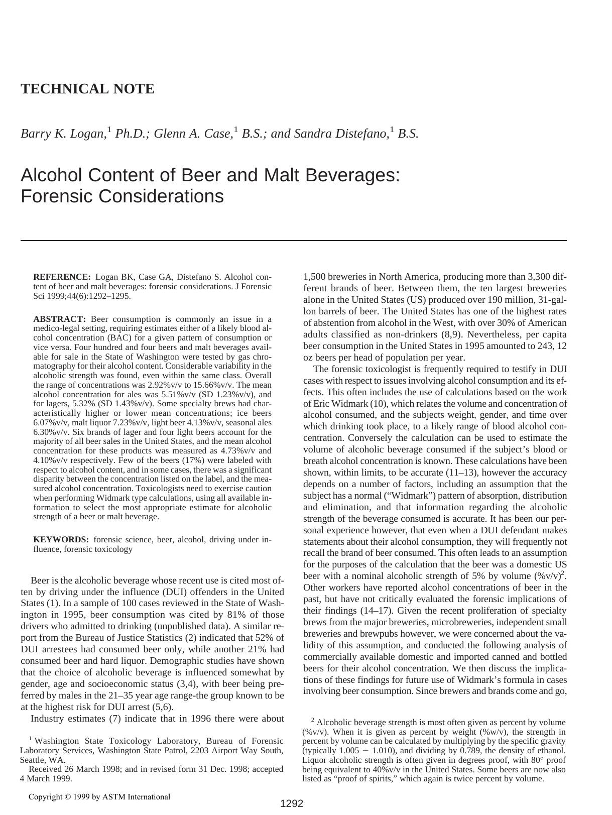 Alcohol content of beer and malt beverages: forensic considerations by Logan BK Case GA Distefano S