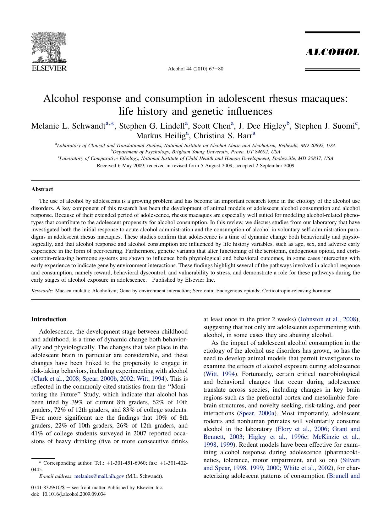 Alcohol response and consumption in adolescent rhesus macaques: life history and genetic influences by unknow