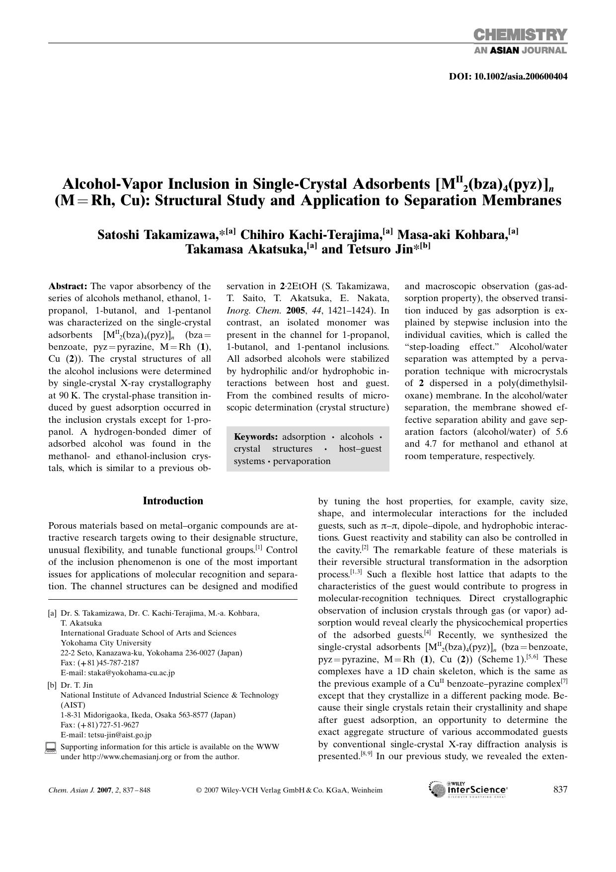 Alcohol-Vapor Inclusion in Single-Crystal Adsorbents [MII2(bza)4(pyz)]n (M[equals]Rh, Cu): Structural Study and Application to Separation Membranes by Unknown