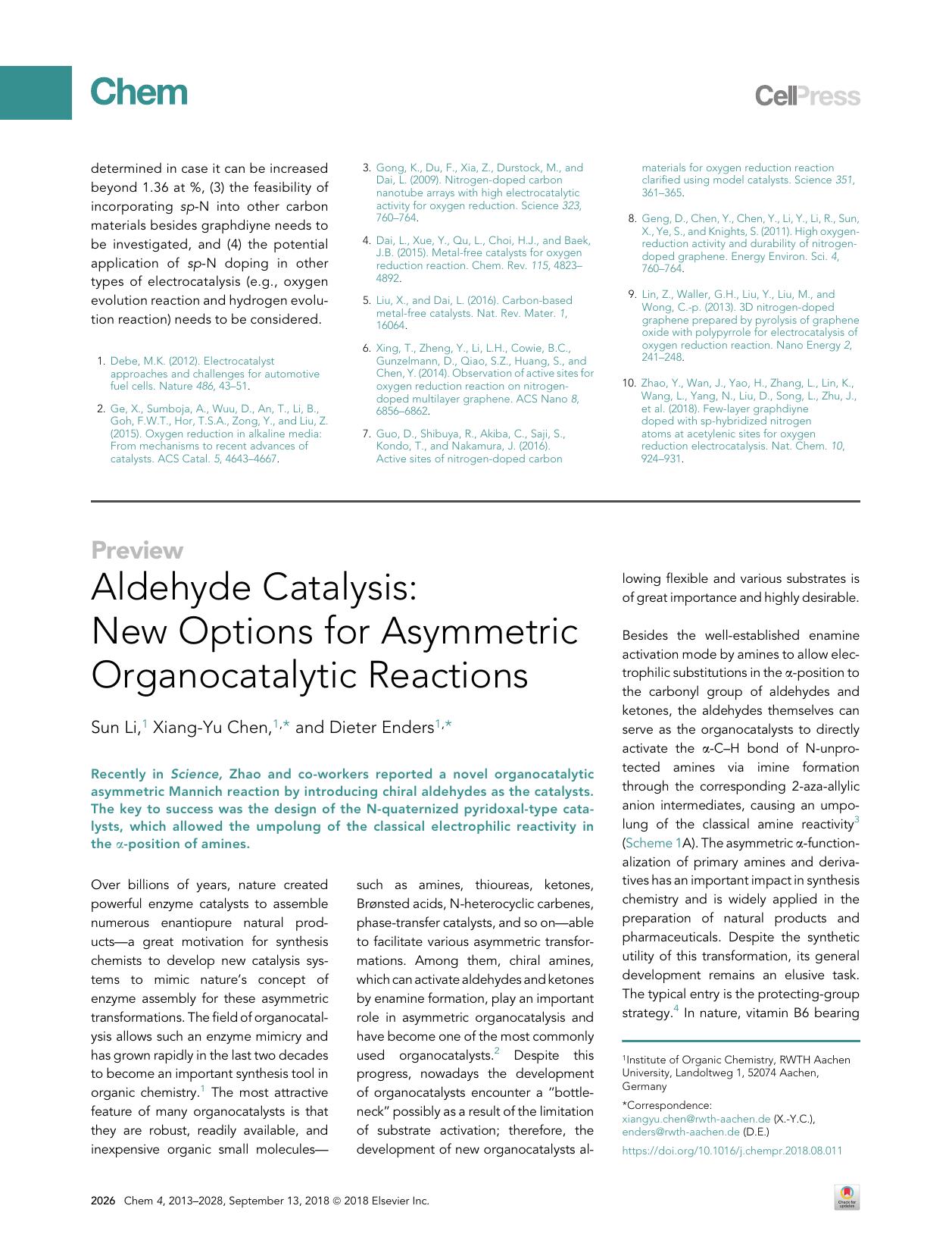 Aldehyde Catalysis: New Options for Asymmetric Organocatalytic Reactions by Sun Li & Xiang-Yu Chen & Dieter Enders