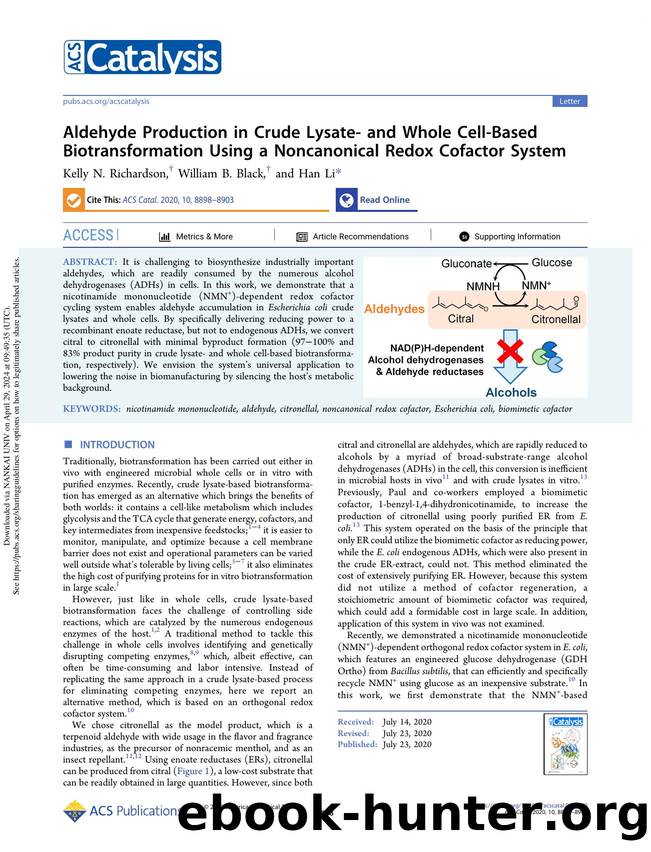 Aldehyde Production in Crude Lysate- and Whole Cell-Based Biotransformation Using a Noncanonical Redox Cofactor System by Kelly N. Richardson William B. Black & Han Li