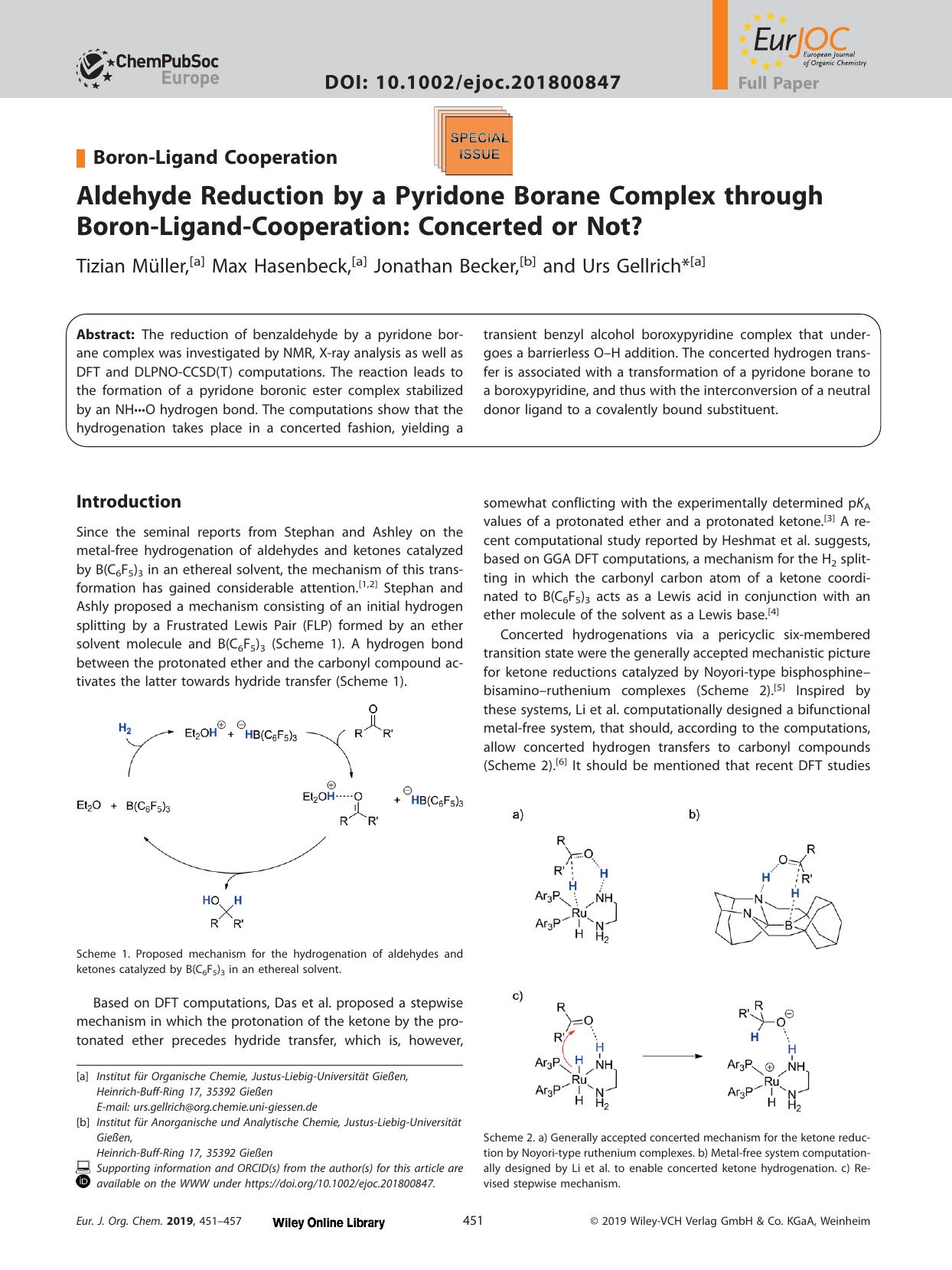 Aldehyde Reduction by a Pyridone Borane Complex through Boron&#x02010;Ligand&#x02010;Cooperation: Concerted or Not? by Unknown