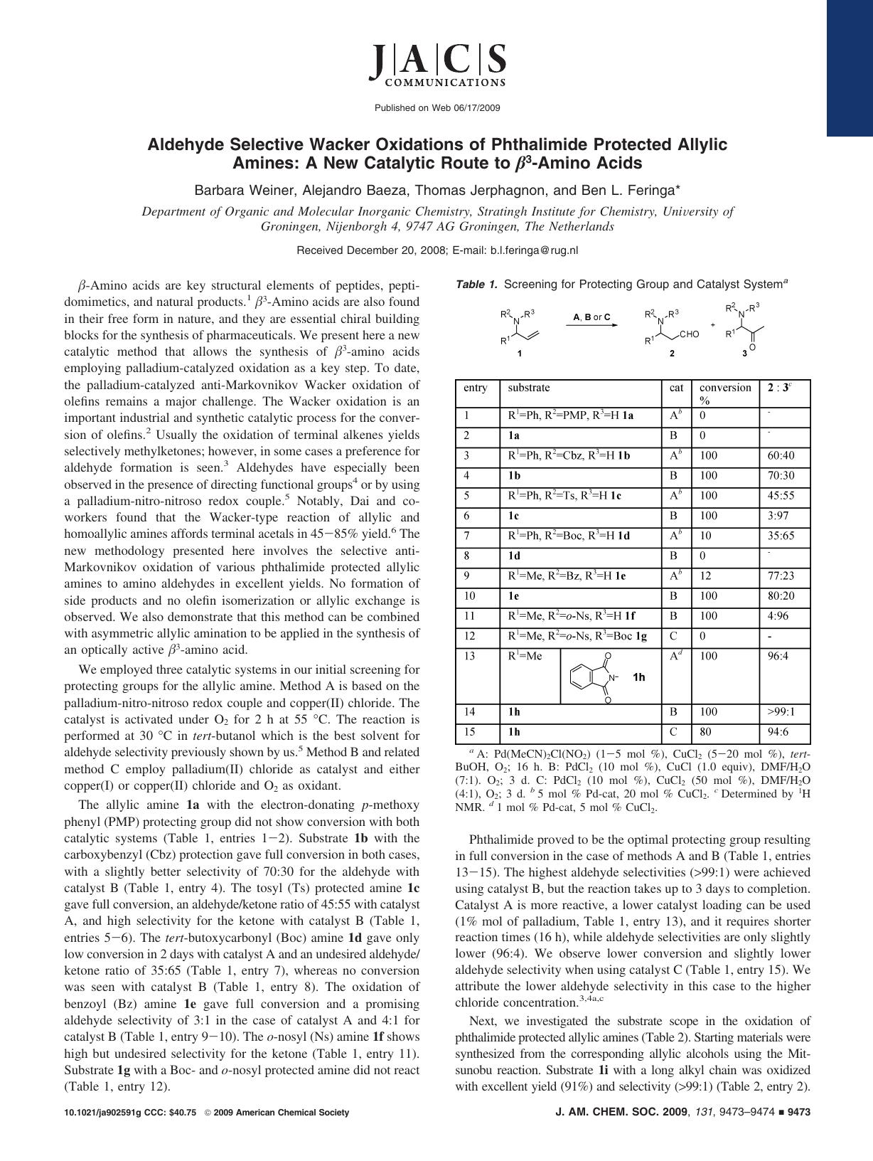 Aldehyde Selective Wacker Oxidations of Phthalimide Protected Allylic Amines: A New Catalytic Route to Î²3-Amino Acids by unknow